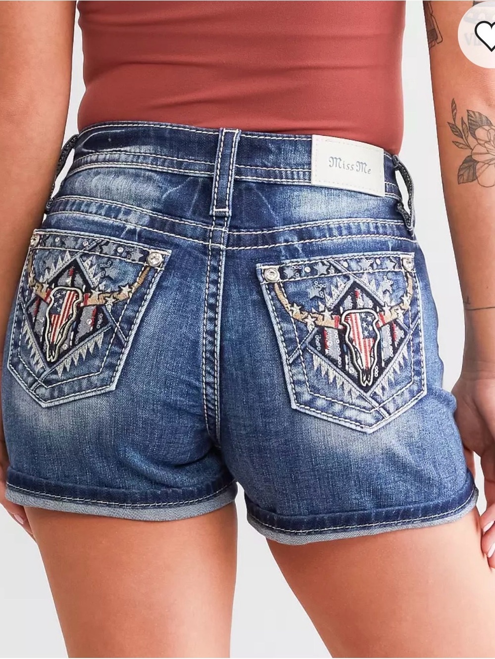 Miss Me Distressed Blue Denim Shorts with Embroidered Western Pockets